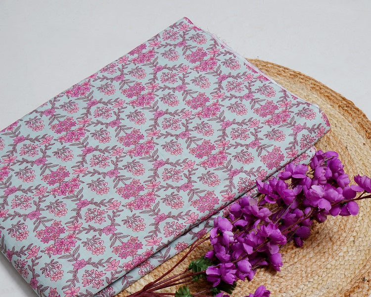 Turquiose Pink Jaipuri Printed Fabric