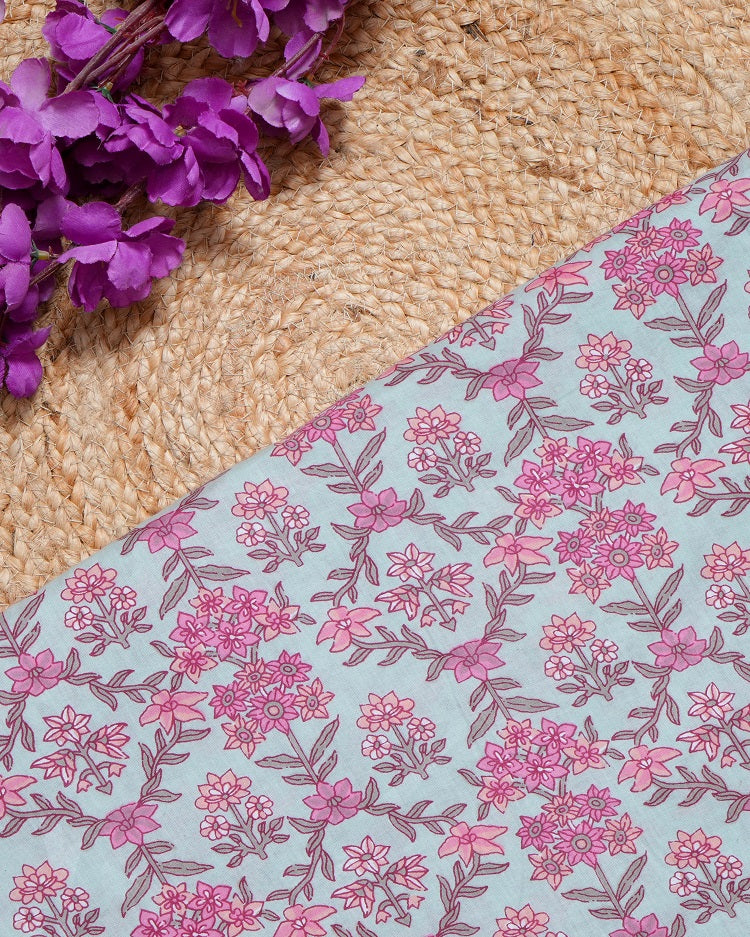 Turquiose Pink Jaipuri Printed Fabric