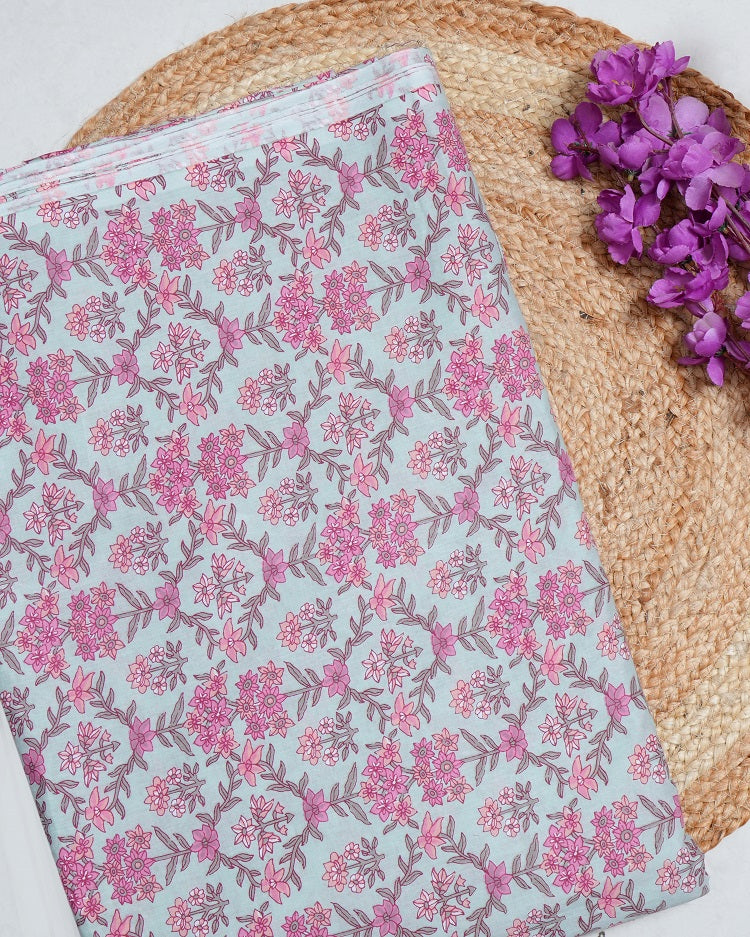 Turquiose Pink Jaipuri Printed Fabric