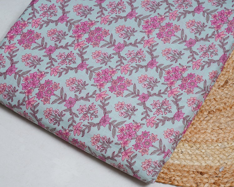 Turquiose Pink Jaipuri Printed Fabric