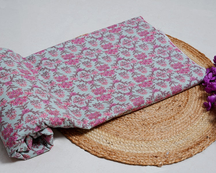 Turquiose Pink Jaipuri Printed Fabric