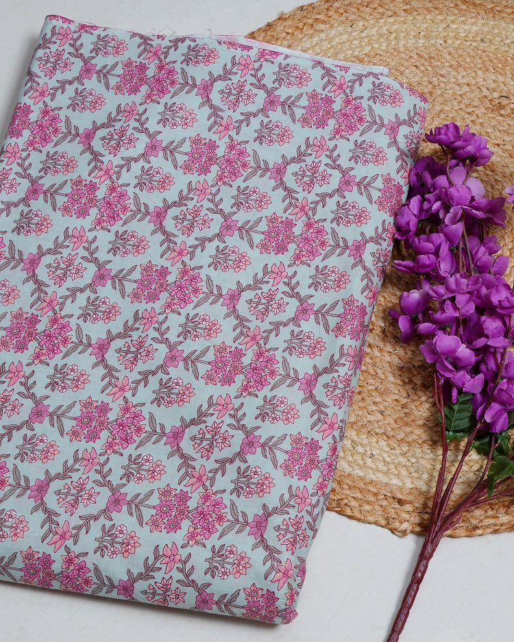 Turquiose Pink Jaipuri Printed Fabric