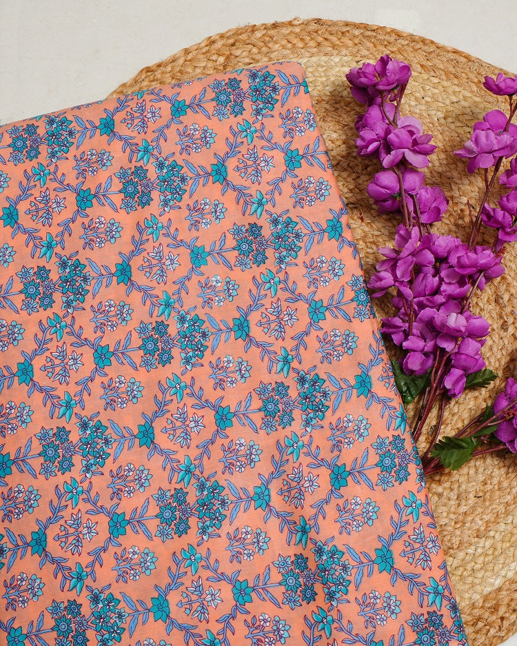 Jaipuri Sanganeri Peach Printed Fabric