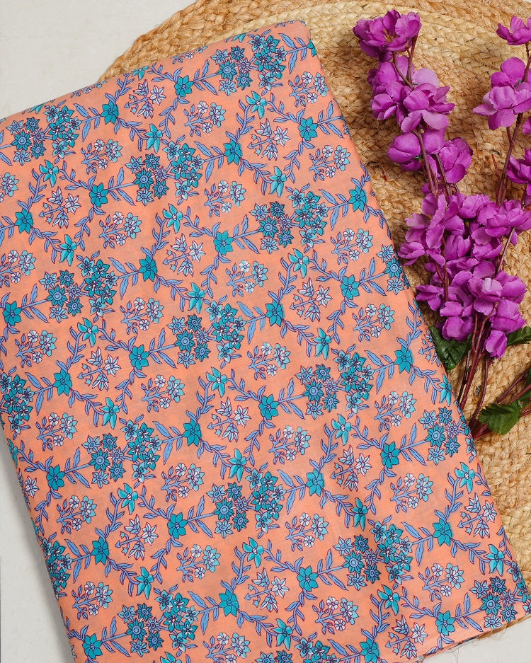 Jaipuri Sanganeri Peach Printed Fabric