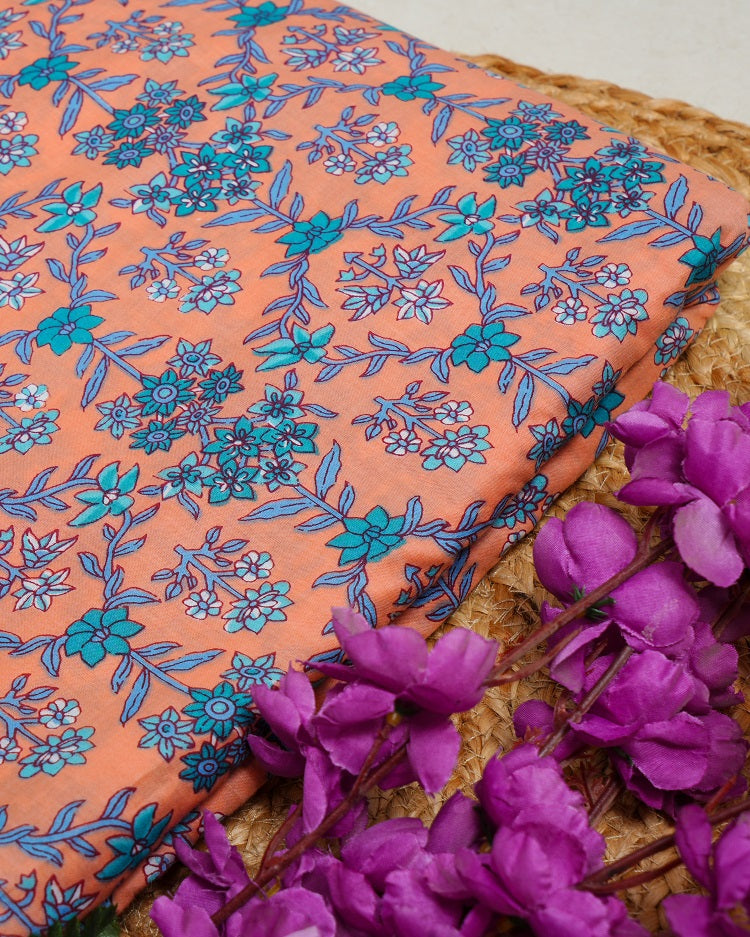 Jaipuri Sanganeri Peach Printed Fabric