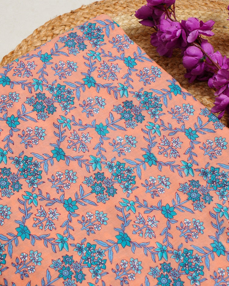 Jaipuri Sanganeri Peach Printed Fabric