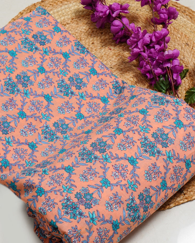 Jaipuri Sanganeri Peach Printed Fabric