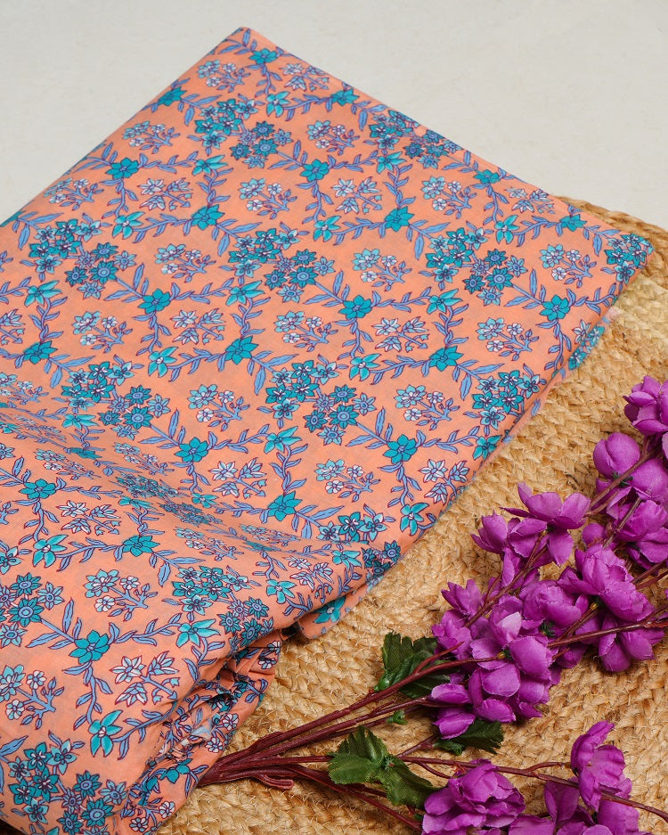 Jaipuri Sanganeri Peach Printed Fabric