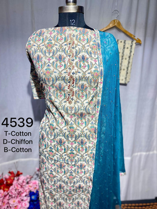 HAND BLOCK PRINTED COTTON UNSTITCHED SUIT WITH MULMUL DUPATTA